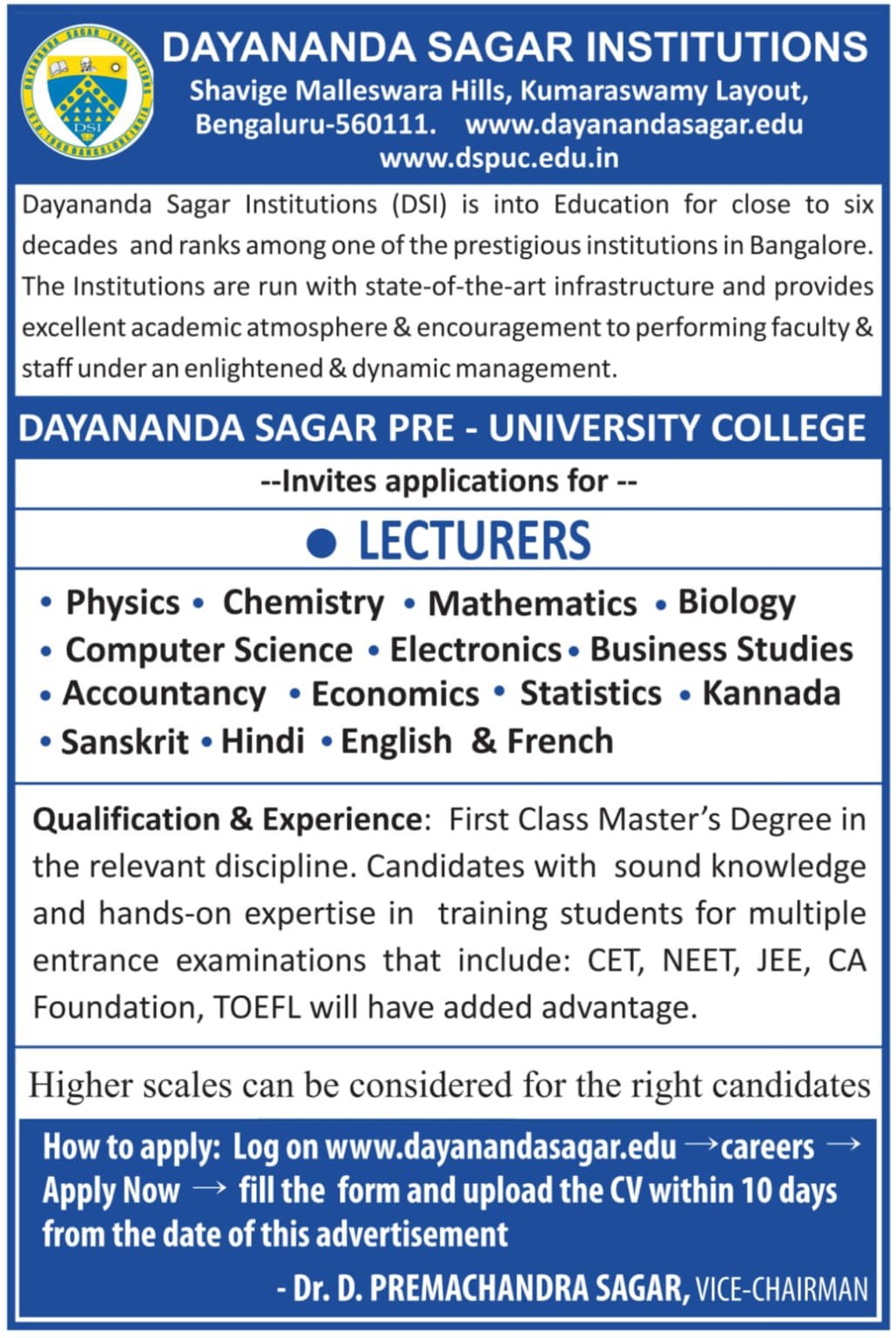School Jobs at  Dayananda Sagar Institutions ,  Bengaluru (Bangalore) Urban